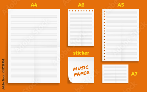 Set of crumpled four Standart blank music series A format paper A4, A5, A6 and A7 size with note sticker.