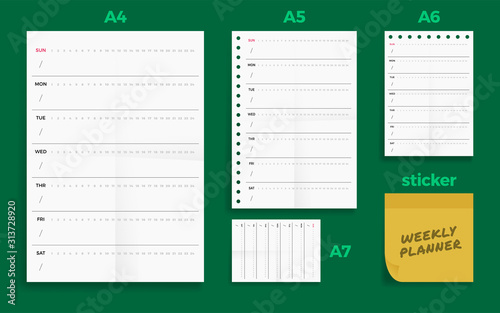 Set of crumpled four Standart blank weekly planner series A format paper A4, A5, A6 and A7 size with note sticker.