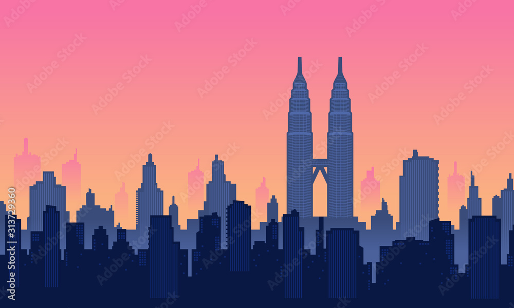 Beautiful sky in the City of Twin Tower Malaysia vector background with colour of purple