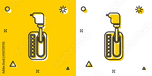Black Gear shifter icon isolated on yellow and white background. Transmission icon. Random dynamic shapes. Vector Illustration