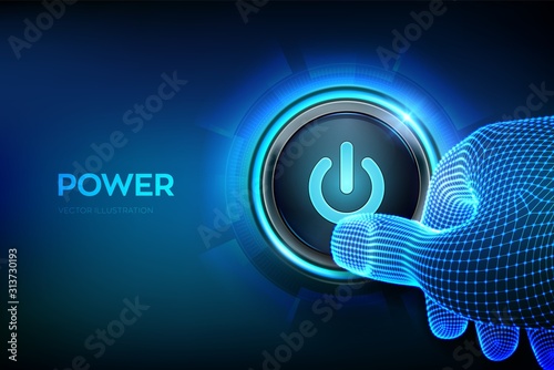 Power button. Closeup finger about to press a power button. Just push the button. Hardware equipment concept. Vector illustration.