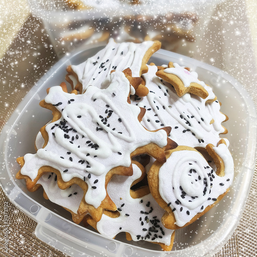 Winter baking. White glaze gingerbread cookie