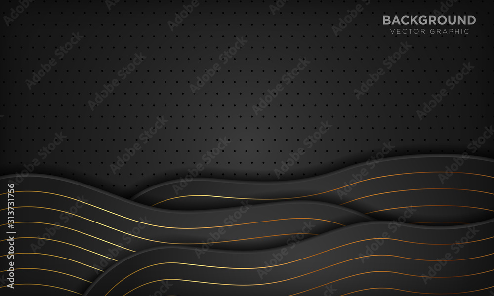 Luxury black abstract wave background with golden lines. Vector ...