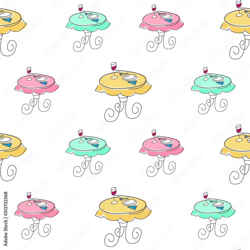 The vector seamless pattern. Cute bistro table pattern. Vector for wallpaper, child apron, fabric, textile pattern. Endless print. Background illustration vector.