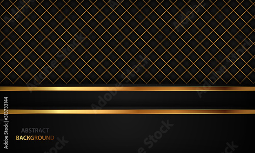 Elegant black luxury background. Black leather textured with gold metal details. Modern vector design template.