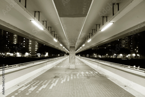 Empty foot bridge and pedestrian walkway at night