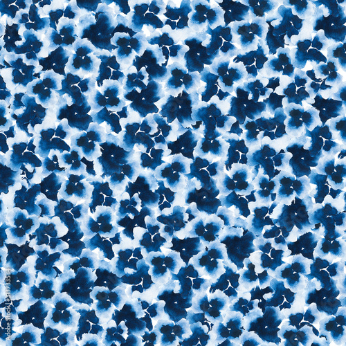 Background with many blue abstract watercolor flowers