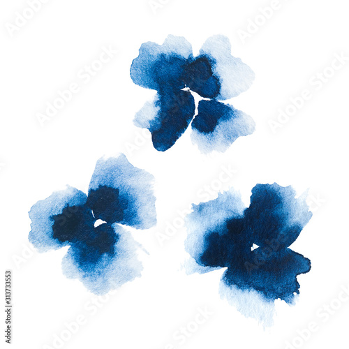 Set of three blue abstract watercolor flowers