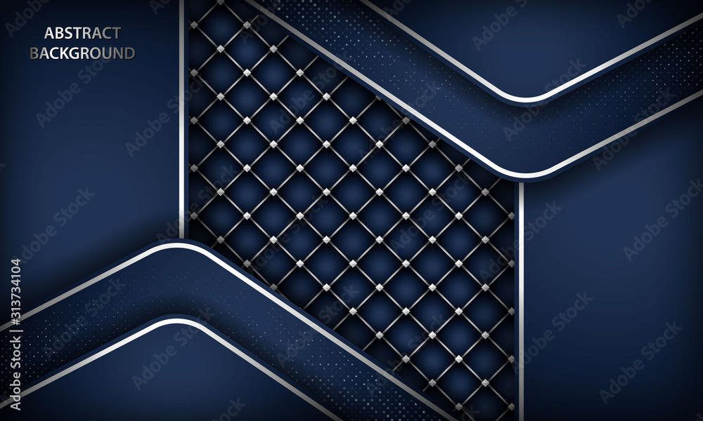 Abstract luxury dark blue overlap background with realistic buttoned leather. Texture with silver list and silver glitters dots element. Modern vector design template.
