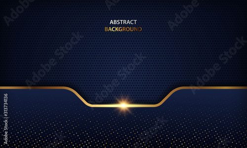 Luxury dark blue overlap dimension background on metal pattern. Colorful golden glitters halftone texture with shiny realistic golden elements. Modern vector design template.