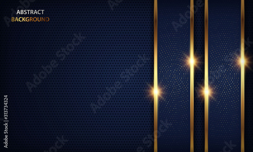 Luxury dark blue overlap dimension background on metal pattern. Colorful golden glitters halftone texture with shiny realistic golden elements. Modern vector design template.