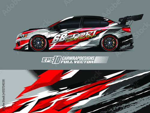 Drift car graphic livery design vector. Graphic abstract stripe racing background designs for wrap cargo van, race car, pickup truck, adventure vehicle. Eps 10