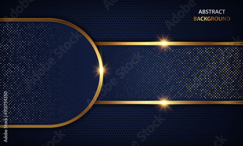 Luxury dark blue overlap dimension background on metal pattern. Colorful golden glitters halftone texture with shiny realistic golden elements. Modern vector design template.