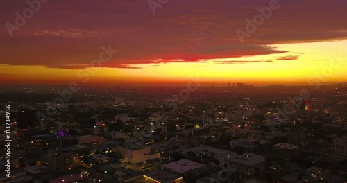stunning 4k drone aerial footage downtown hollywood capitol records building vine street and incredible sunset with nightlife