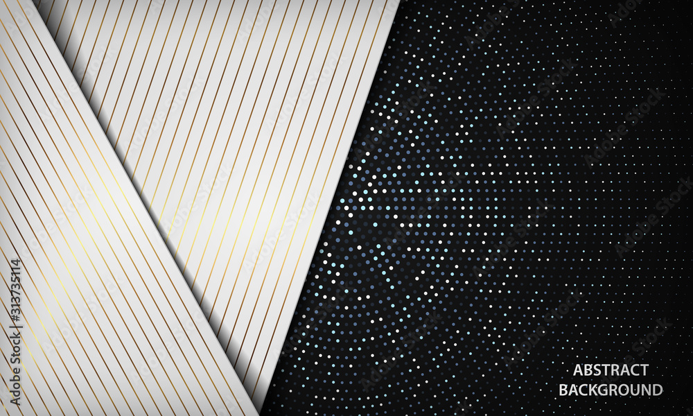Abstract luxury black and white overlap background with silver circle glitters dots decoration. Texture with golden stripe element. Modern vector design template.