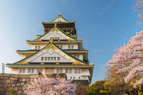 Osaka castle with blossom sakura flower in Japan