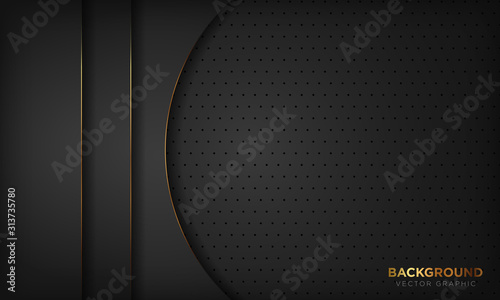 Black luxury abstract background with golden line decoration. Texture with dark metal pattern. Vector illustration.