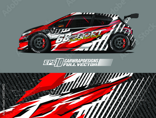 Drift car graphic livery design vector. Graphic abstract stripe racing background designs for wrap cargo van, race car, pickup truck, adventure vehicle. Eps 10