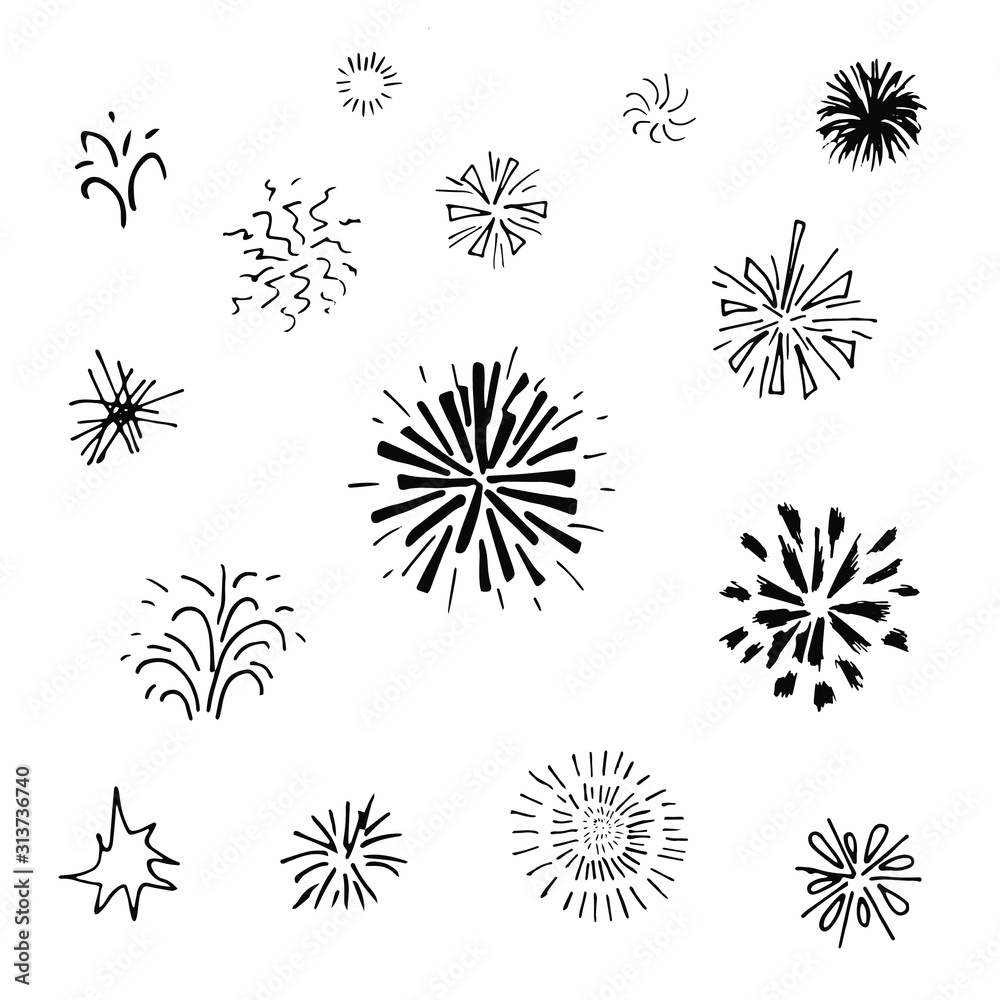 Cute doodle set of fireworks explosions and a ray of sunshine. For stickers, icons, design and decor. Isolated on a white background.