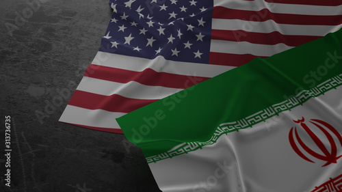 usa and Iran flags on dirty metal plate 3d rendering for negotiate content.. photo