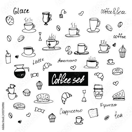 Cute doodle coffee shop icons. Coffee and tea drawings for cafe menu, stickers, design. Isolated on white background