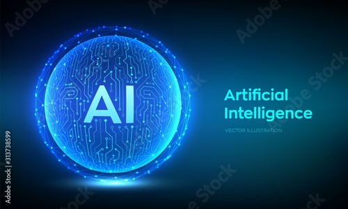 AI. Artificial Intelligence Logo. Artificial Intelligence and Machine Learning Concept. Abstract technology circuit board sphere. Big data innovation technology. Neural networks. Vector illustration.