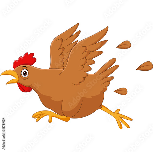 Scared funny cartoon chicken running