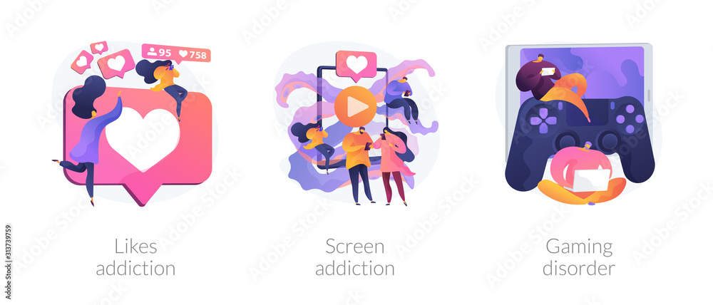 Technology addiction, lack of live communication, psychological problems. Likes addiction, screen addiction, gaming disorder metaphors. Vector isolated concept metaphor illustrations. Technology addiction, lack of live communication, psychological problems. Likes addiction, screen addiction, gaming disorder metaphors. Vector isolated concept metaphor illustrations.