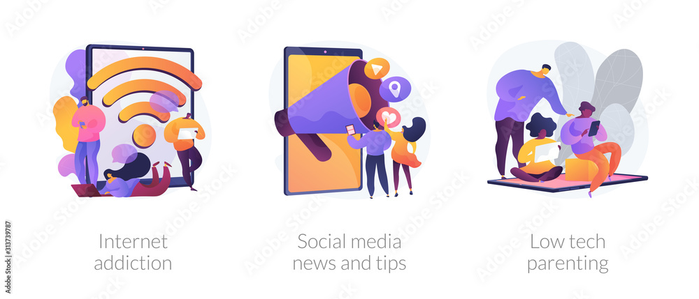 Spending time online, non-parting with gadget, keeping in touch. Internet addiction, social media news and tips, low tech parenting metaphors. Vector isolated concept metaphor illustrations.