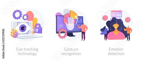 Modern sensor tech. Human-computer and user interface interaction methods. Eye-tracking technology, gesture recognition, emotion detection metaphors. Vector isolated concept metaphor illustrations.