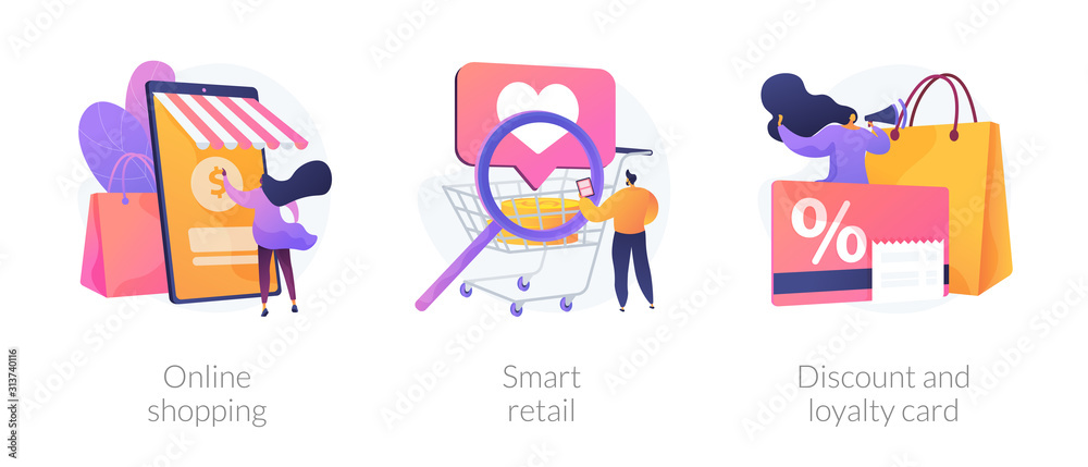 E commerce offers. Customer attraction. Cashback and rebate programs. Online shopping, smart retail, discount and loyalty card metaphors. Vector isolated concept metaphor illustrations
