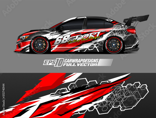 Drift car graphic livery design vector. Graphic abstract stripe racing background designs for wrap cargo van, race car, pickup truck, adventure vehicle. Eps 10