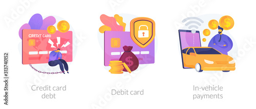 Personal finance idea. Online banking, digital currency. Money debt, financial operation. Credit card, debit card, in-vehicle payments metaphors. Vector isolated concept metaphor illustrations