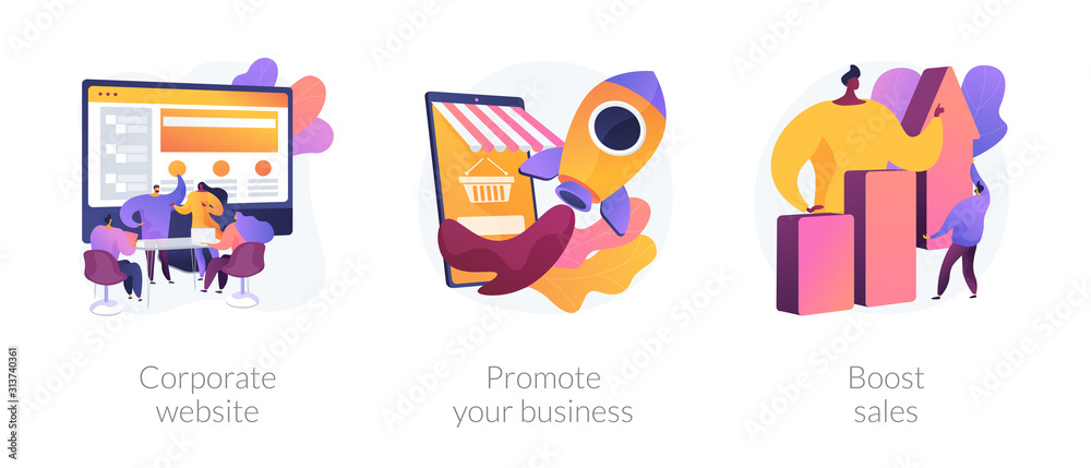Business management. Startup lunch, sales and profit increasing, company webpage. Corporate website, promote your business, boost sales metaphors. Vector isolated concept metaphor illustrations.