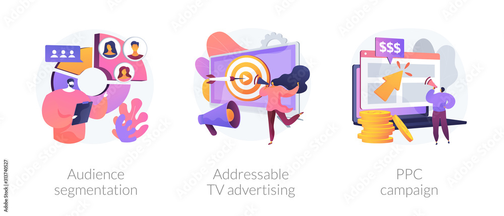 Targeted promotion, SEO, digital marketing. Geotargeting, CPC advertisement. Audience segmentation, addressable tv advertising, ppc campaign metaphors. Vector isolated concept metaphor illustrations.