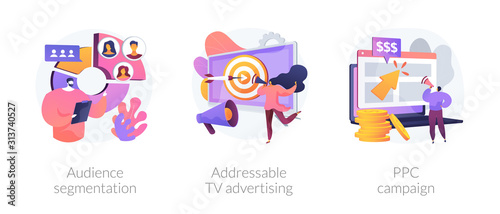 Targeted promotion, SEO, digital marketing. Geotargeting, CPC advertisement. Audience segmentation, addressable tv advertising, ppc campaign metaphors. Vector isolated concept metaphor illustrations. © Visual Generation
