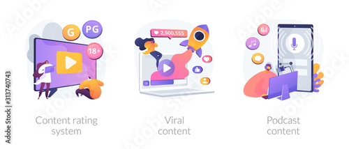 Social media blogging. Movie streaming, online network likes and followers attracting. Content rating system, viral content, podcast content metaphors. Vector isolated concept metaphor illustrations.