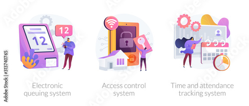 Smart home security, employee attendance monitoring. Electronic queuing system, access control system, time and attendance tracking system metaphors. Vector isolated concept metaphor illustrations.