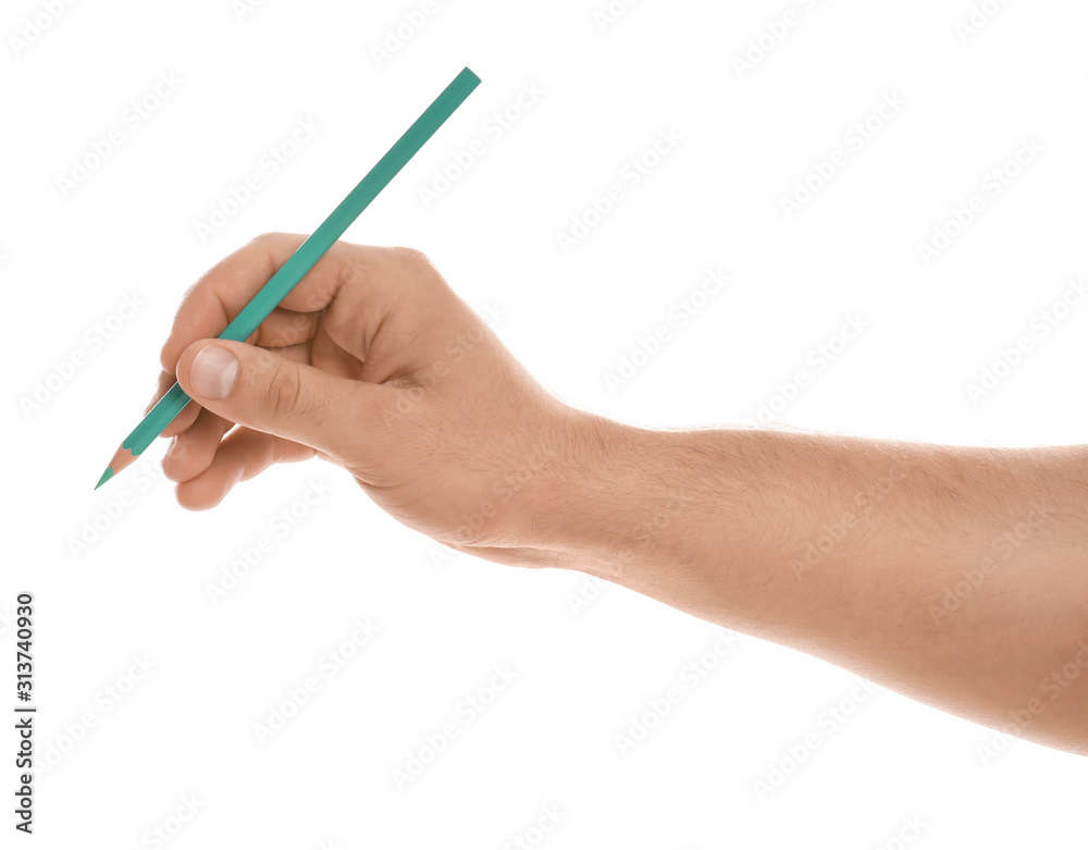 Man holding pencil on white background, closeup of hand Man holding pencil on white background, closeup of hand