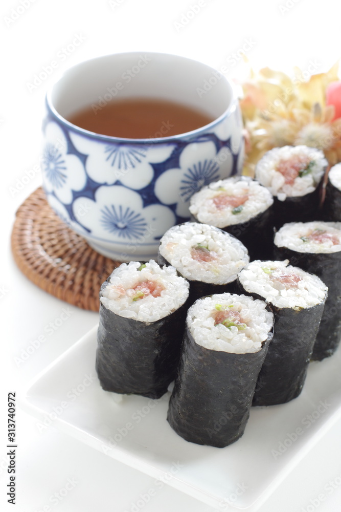 Japanese food, tuna and seaweed rice sushi roll Japanese food, tuna and seaweed rice sushi roll