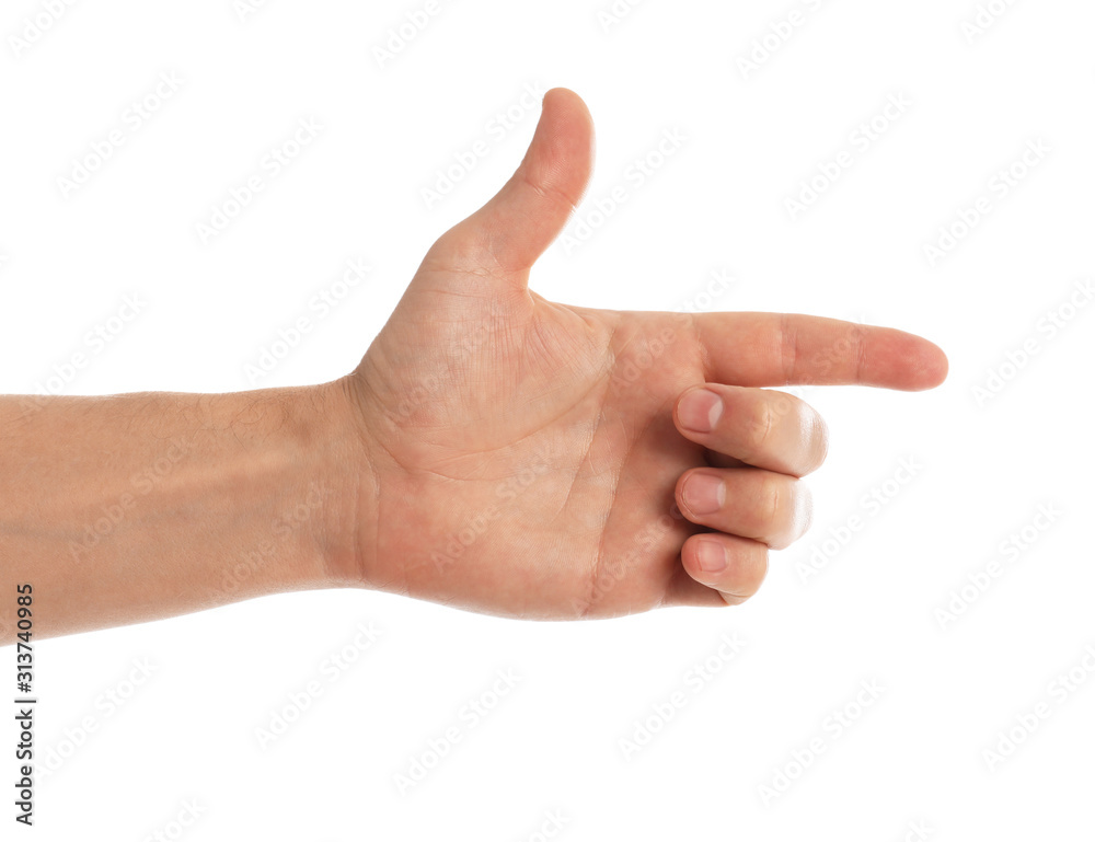 Man making frame with hand on white background, closeup