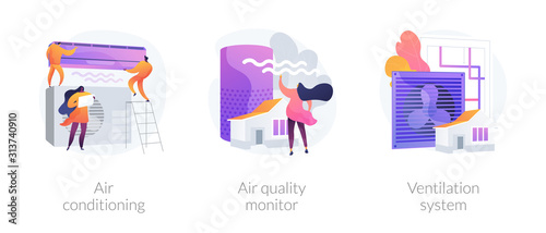 Indoor weather and climate control technology. Cooling and heating appliance. Air conditioning, air quality monitor, ventilation system metaphors. Vector isolated concept metaphor illustrations.