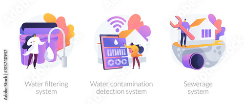 Potable liquid purification. Environmental pollution sensor. Water filtering system, water contamination detection system, sewerage system metaphors. Vector isolated concept metaphor illustrations.