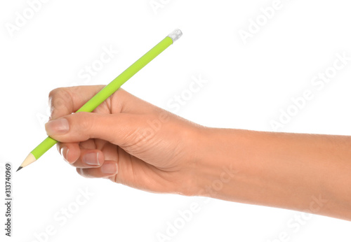 Woman holding ordinary pencil on white background, closeup