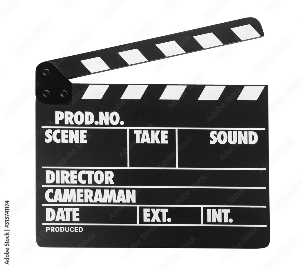 Clapper board isolated on white. Cinema production
