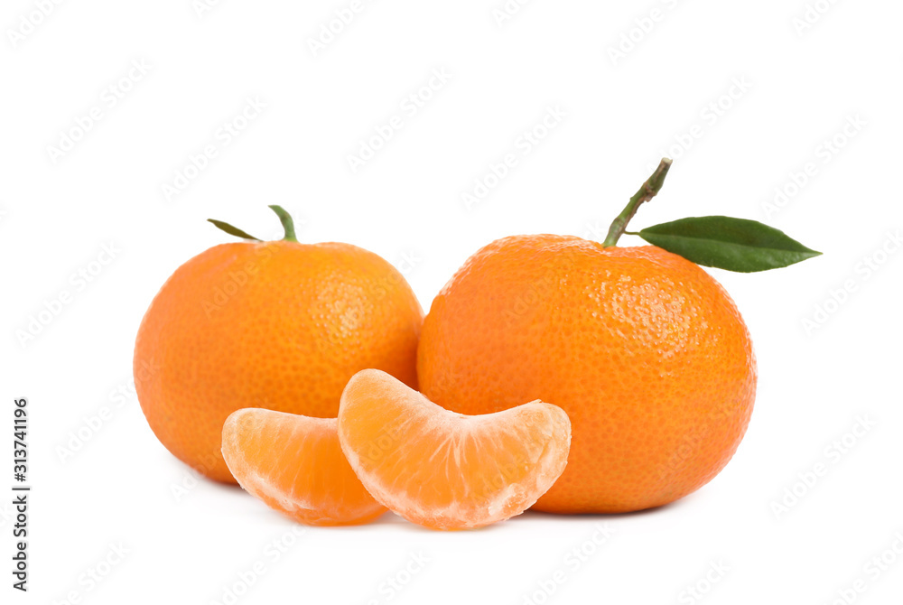 Fresh ripe tangerines with leaf isolated on white. Citrus fruit Fresh ripe tangerines with leaf isolated on white. Citrus fruit