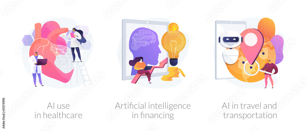Robotic modern technologies, automated assistant. AI use in healthcare, artificial intelligence in financing, AI in travel and transportation metaphors. Vector isolated concept metaphor illustrations.