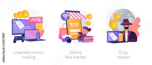 Cheap smartphone buying, laptop deals, computer low prices bargain. Used electronics trading, online flea market, gray market metaphors. Vector isolated concept metaphor illustrations.