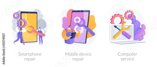 Broken gadget, portable electronics maintenance, laptop bug diagnostic. Smartphone repair, mobile device repair, computer service metaphors. Vector isolated concept metaphor illustrations.