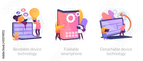 Smartphone display modern design, convertible laptop. Bendable device technology, foldable smartphone, detachable device technology metaphors. Vector isolated concept metaphor illustrations.